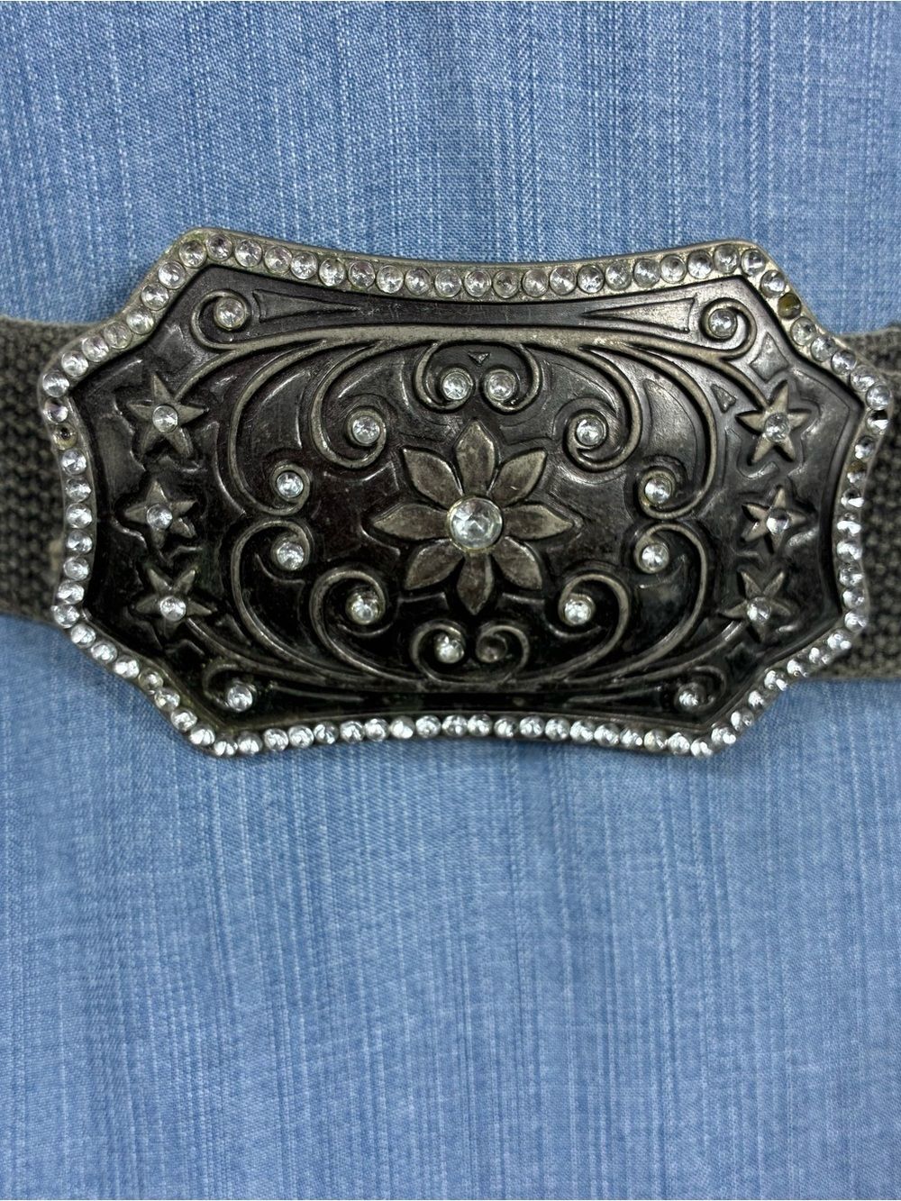 Womens belt 41” long floral buckle with rhinestones *some flaws, see all pics
